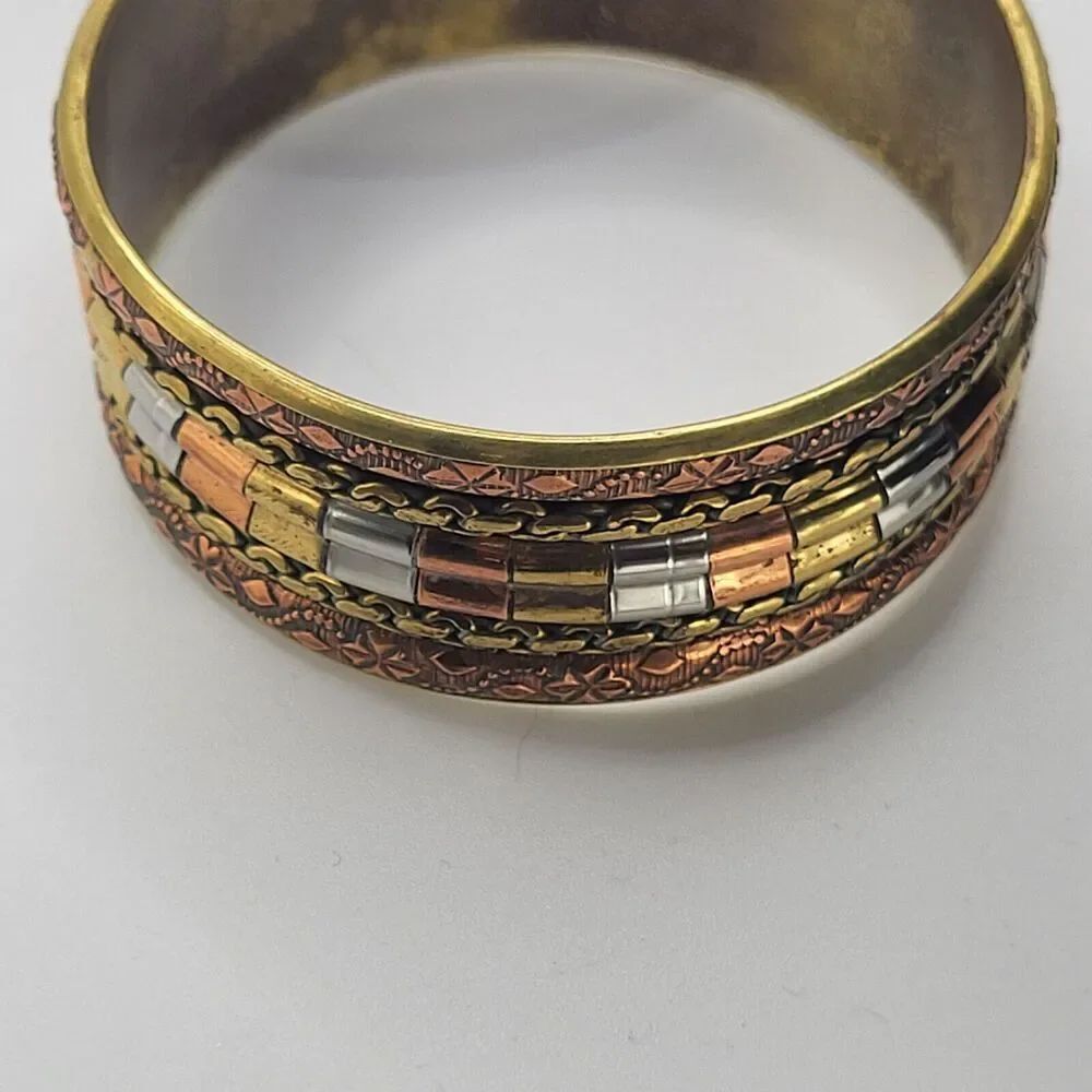 Multimetallic Copper, Brass, Silver Bohemian Chunky Bracelet 1.25in wide 8in